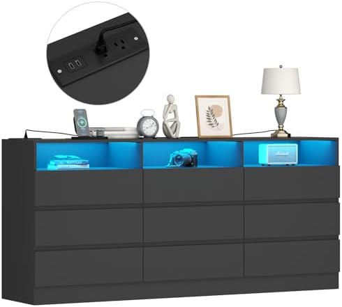 Gyfimoie 63" Black 9-Drawer Dresser for Bedroom w/Power Outlet, LED Light - Image 3