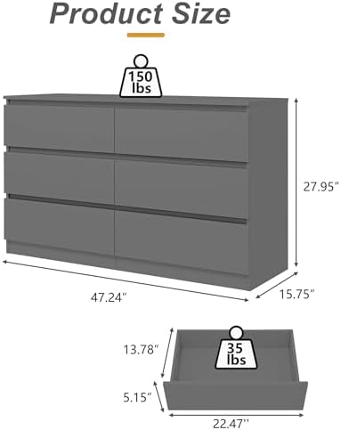 Grey Dresser for Bedroom,48'' Modern 6 Drawer Dresser with Deep Drawer,Storage Chest of Drawers,Wood Bedroom Storage Furniture,TV Stand for Living Room - Image 2