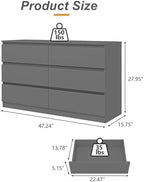 Grey Dresser for Bedroom,48'' Modern 6 Drawer Dresser with Deep Drawer,Storage Chest of Drawers,Wood Bedroom Storage Furniture,TV Stand for Living Room - Image 2