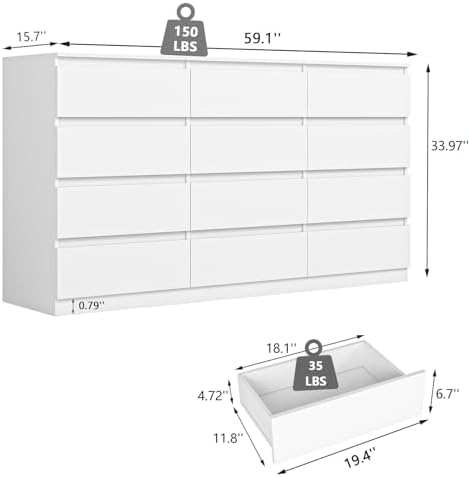 VERYKE White 12 Drawer Dresser for Bedroom,Chest of Drawers with No-Handle Design for Closet,Modern Wood Dresser Bedroom Storage Furniture - Image 3