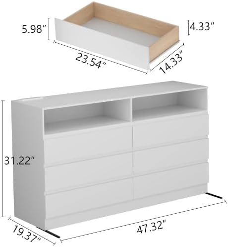 Gyfimoie White 6-Drawer Dresser for Bedroom w/Power Outlet and LED Light - Image 2