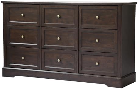 LOUVIXA Farmhouse Dresser 9 Drawer, Bedroom Chest of Drawers, Dressers with 9 Drawers, Wooden Dressers for Bedroom, Living Room, Tv Stand, Entryway(Vintage Brown) - Image 3