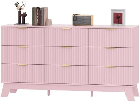 HUANLEGO Fluted Dresser for Bedroom with 9 Drawers, Pink by HUANLEGO