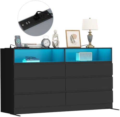 Gyfimoie Black 6-Drawer Dresser for Bedroom w/Power Outlet and LED Light - Image 4