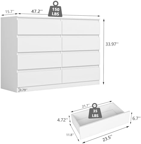 Spaco White 8 Drawer Dresser for Bedroom,Modern Deep Drawer Dresser,Wide Storage Chest of Drawer for Closet,Wood Storage Organizer Furniture for Living Room - Image 3