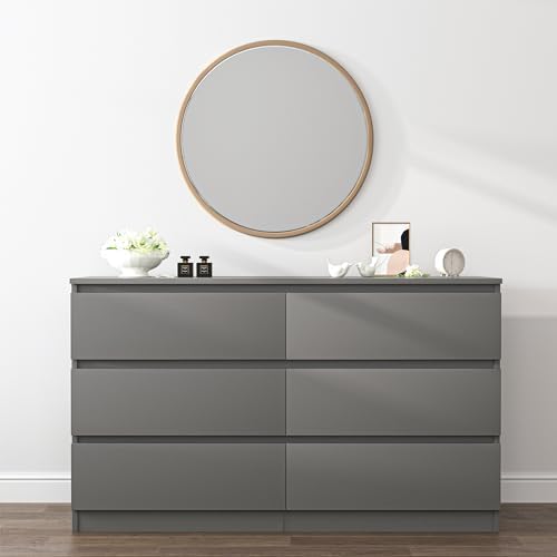 Vibe & Dine 6 Drawer Double Dresser, Modern Chest of Drawers with Wide Storage for Closet, Bedroom, Living Room (Grey) - Image 2