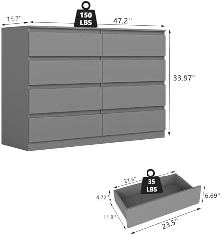Grey 8 Drawer Dresser for Bedroom,Modern Large Dresser with Deep Drawer,Wide Bedroom Storage Chest of Drawer,Wood Storage Organizer Furniture for Living Room,Closet - Image 2