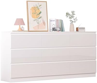 70 INCH 9 Drawers Dresser with Charging Station, Modern Large Dresser with 9 Handle Free Drawers, Wood Storage Chest of Drawers for Bedroom, Living Room, Entryway, Hallway, White - Image 3