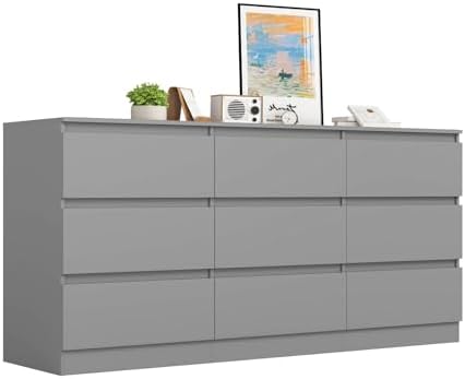 VERYKE Grey 9 Drawer Dresser for Bedroom,Chest of Drawers with No-Handle Design for Closet,Modern Wood Dresser Bedroom Storage Furniture by VERYKE