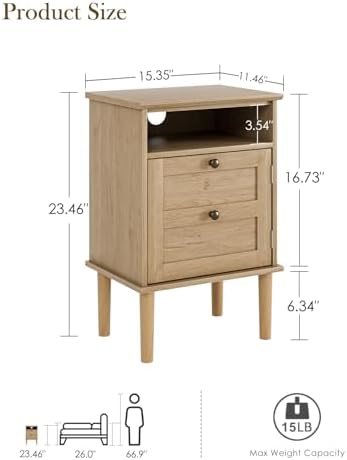 Nightstand, Boho Night Stand with 1 Drawer, Modern Side Accent Table with Open Shelf, Wooden Top Bedside End Table for Bedroom, Living Room, Natural - Image 2