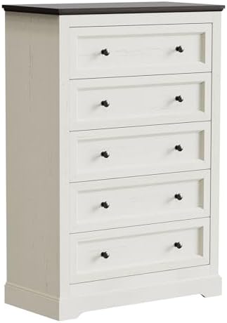 LOUVIXA Farmhouse Dresser 5 Drawer, Bedroom Chest of Drawers, Dressers with 5 Drawers, Wooden Dressers for Bedroom, Living Room, Tv Stand, Entryway(Off White-Brown) - Image 3