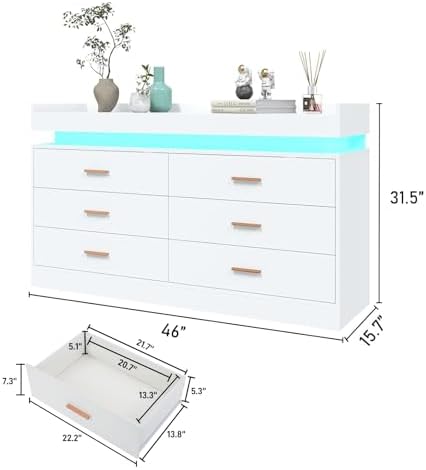 Hlivelood 6 Drawer Dresser with LED Light and Charging Station, Modern Chest of Drawers for Closet, Wide Drawer Organizer Cabinet for Bedroom, Living Room, Entryway, Hallway(6 Drawer White) - Image 2