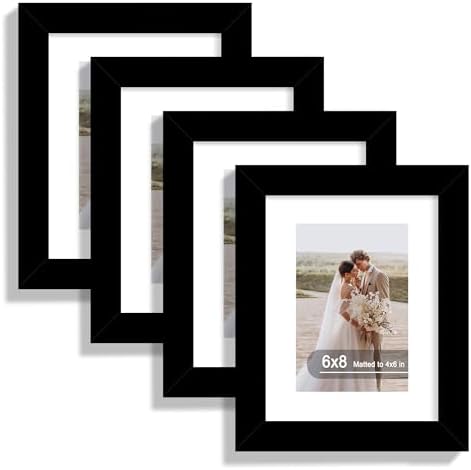 Hongkee 6x8 Picture Frame Set of 4, Made of Real Glass and Black Frame - Display Picture 4x6 with Mat or 6x8 Without Mat, 6 by 8 Photo for Wall or Tabletop by Hongkee