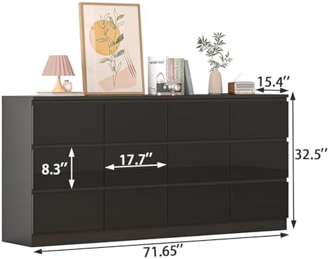 12 Drawers Dresser with Charging Station, Modern Large Dresser with 12 Handle Free Drawers, Wood Storage Chest of Drawers for Bedroom, Living Room, Entryway, Hallway, Black - Image 2