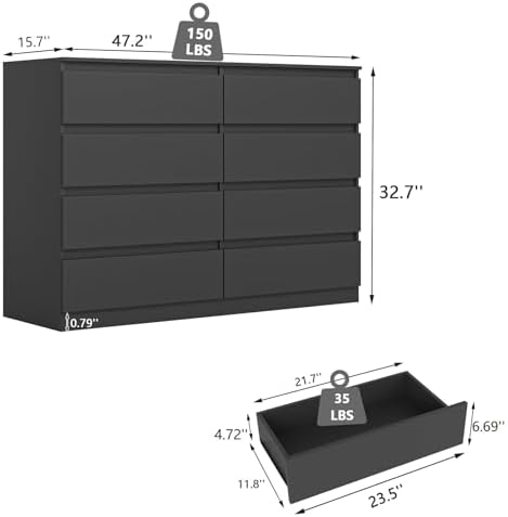VERYKE Black 8 Drawer Dresser for Bedroom,Chest of Drawers with No-Handle Design for Closet,Modern Wood Dresser Bedroom Storage Furniture - Image 3