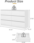 White 6 Drawer Dresser for Bedroom,Modern Deep Drawer Dresser with No-Handle Design,Wide Storage Chest of Drawers,Wood Bedroom Storage Organizer Furniture for Closet,Hallway - Image 3