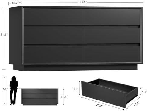 TEENFON 55" Dresser for Bedroom with 6 Drawers, Black Dresser with Metal Slide, Bedroom Dressers, Wood Dressers & Chests of Drawers for Bedroom, Hallway, Black - Image 3