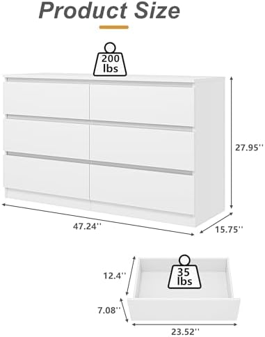 VERYKE White 6 Drawer Dresser for Bedroom,Chest of Drawers with No-Handle Design for Closet,Modern Wood Dresser Bedroom Storage Furniture - Image 3