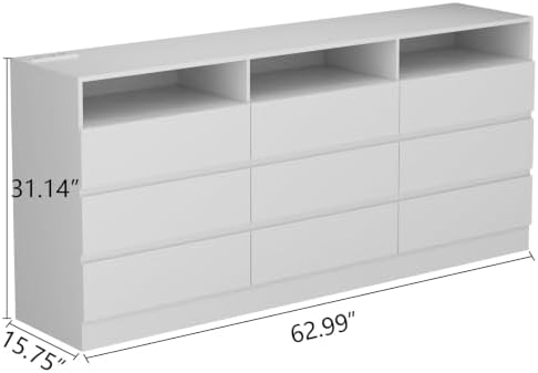 Gyfimoie 63" White 9-Drawer Dresser for Bedroom w/Power Outlet, LED Light - Image 2