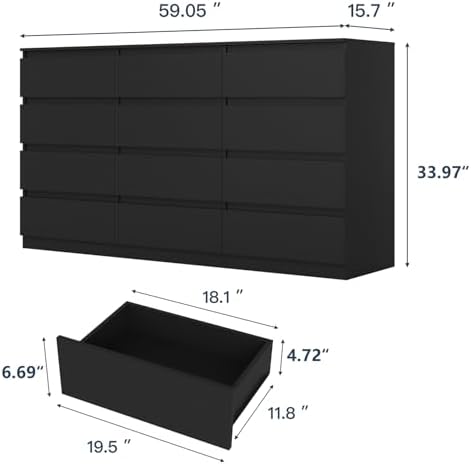 Black 12 Drawer Dresser for Bedroom,Modern Long Deep Drawer Dresser,Wood Storage Chest of Drawer, Storage Organizer Drawers for Bedroom - Image 2