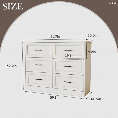 Fameill Dresser for Bedroom, 6 Drawer Wide Dresser Organizer with Charging Station for Hallway with Metal Handles, Woodgrain White - Image 2