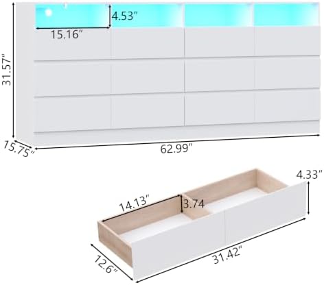 Gyfimoie 12-Compartment Divided Drawer Dresser w/Power Outlet, LED Light - Image 2
