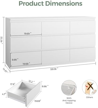 Jocoevol Modern 9 Drawer Dresser for Bedroom, Simply Chest of Drawers, Wood Storage Dresser with Deep Drawers for Living Room Hallway Entryway (White) - Image 2