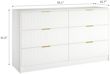 6 Drawers Fluted Dresser for Bedroom, 55" Wide Wooden Dresser with Deep Drawers, Large Floor Chest of Drawers, Modern Long TV Stand, Storage Cabinet Side Table, White - Image 2