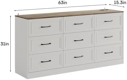 Fameill Dresser for Bedroom, 9 Drawer Wide Dresser Organizer with Charging Station, Tall Dresser for Hallway, Wood Dresser with Metal Handles, Farmhouse White - Image 2