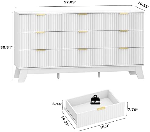 HUANLEGO Fluted Dresser for Bedroom with 9 Drawers, White - Image 3