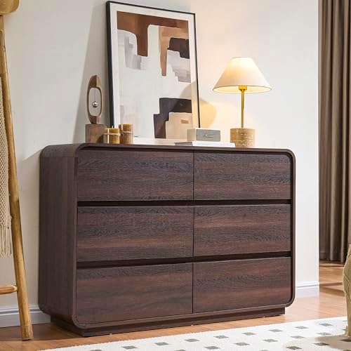 Standifurno Walnut 6 Drawer Dresser, Curved Chest of Drawers for Bedroom, 47 Inch Wide Dresser with Deep Drawers for Clothes, Modern Drawer Closet for Bedroom, Living Rooms, Offices, Entryways by StandifurnoFurniture