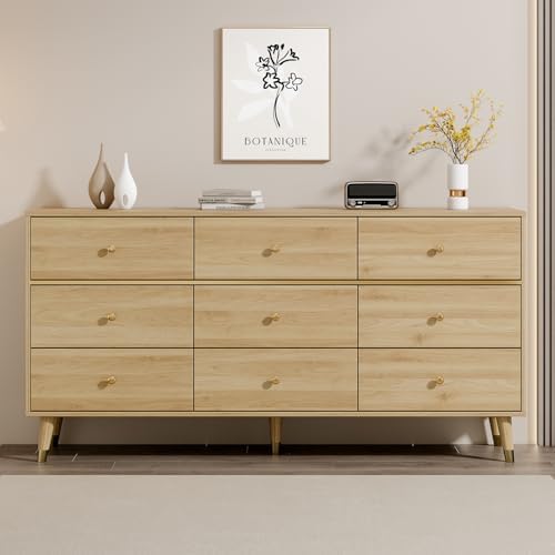Chrangmay 9 Drawer Dresser,63" Wide Mid Century Modern Chest of Drawers,Wooden Bedroom Drawer Dresser with 9 Storage Drawers for Bedroom, Living Room,with Anti-Tipping Device,Natural by Chrangmay
