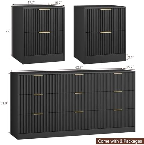 9 Drawer Dresser & 2-Drawer Nightstand Set 3-Piece, Black丨63 Wide Fluted Bedroom Dresser Set Night Stand Set of 2, Modern Wood Chest of Drawers Storage Dressers Set for Bedroom - Image 3