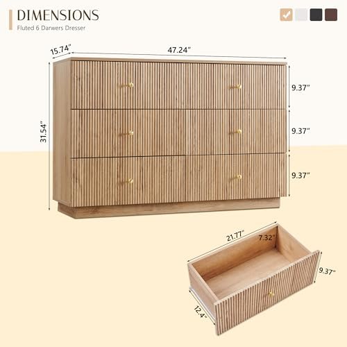 Fluted 6 Drawers Dresser for Bedroom, 47"W Modern Dressers & Chest of Drawers with Metal Handle, Wood Closet Clothes Storage Organizer,Storage Dressers Organizer for Hally/Living Room, Natural - Image 2