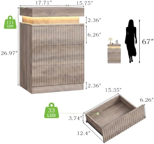 Fluted LED Night Stand with Charging Station, Wood Grey - Image 2
