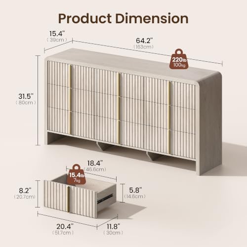 ModernMate Fluted 9 Drawer Dresser for Bedroom, 64.2" Wide White Chest of Drawers, Modern Wood Storage Cabinet with Metal Handles, Anti-Tip Clothes Organizer, Grey - Image 2