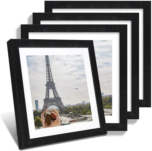 Hongkee 12x12 Picture Frame Set of 4 - Made of Glass and Rustic Black Wooden Frame, Display Square Pictures 10x10 with Mat or 12 x 12 without Mat, Desktop & Wall Collage Photo Frame by Hongkee