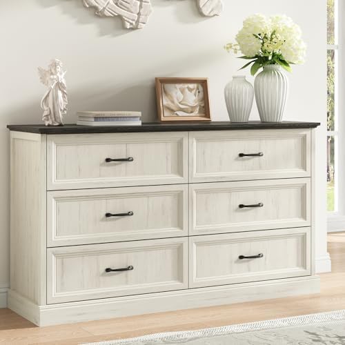 Farmhouse 6 Drawer Dresser for Bedroom, 55" White Dresser with TV Stand by CARPETNAL