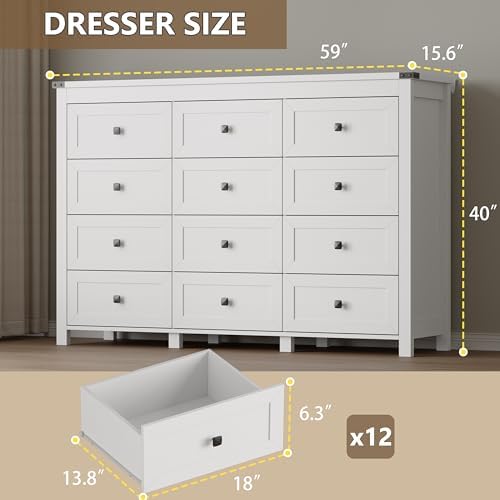 BORNOON 12-Drawer Dresser, Modern Wooden Storage Chest of Drawers, Dresser TV Stand, Wood Drawer Organizer with Metal Handles for Bedroom, Living Room, Hallway - Image 2