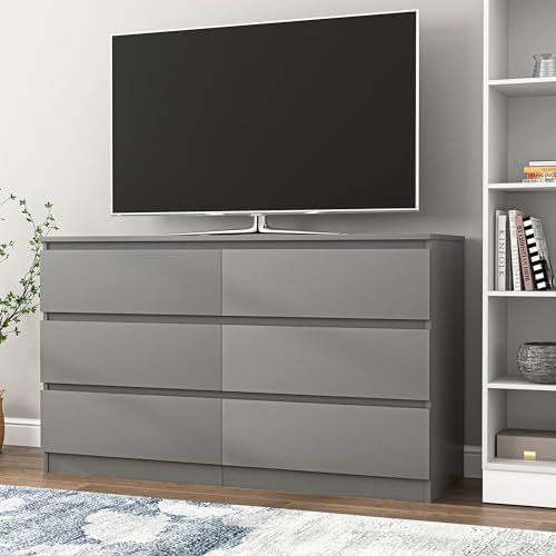 Grey Dresser for Bedroom,48'' Modern 6 Drawer Dresser with Deep Drawer,Storage Wide Chest of Drawers,Wood Bedroom Storage Furniture for Living Room,Closet - Image 2