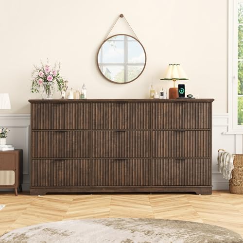 Squireewo Fluted 9 Drawers Dresser for Bedroom, 63" Wide Modern Chest of Drawers with Power Outlet and Deep Drawers, Large Dresser TV Stand for Living Room, Hallway, Kids Room, Brown - Image 6