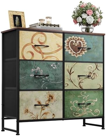 WLIVE Dresser for Bedroom with 6 Drawers, Floral Painted by WLIVE