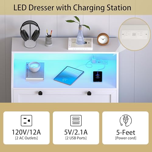 Wodeer White Dresser Tall 5 Drawer Dresser for Bedroom, Wood Chest of Drawers with LED Lights, Charging Station, Metal Handles, Modern Storage Cabinet and Organizer Drawers for Living Room, Hallway - Image 6