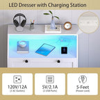 Wodeer White Dresser Tall 5 Drawer Dresser for Bedroom, Wood Chest of Drawers with LED Lights, Charging Station, Metal Handles, Modern Storage Cabinet and Organizer Drawers for Living Room, Hallway - Image 6