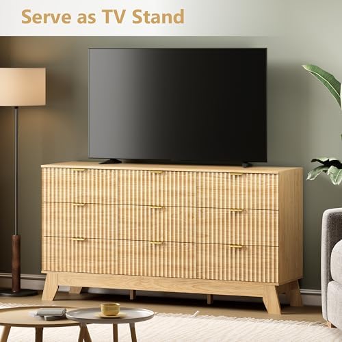 Wodeer 9 Drawer Fluted Dresser for Bedroom, Mid Century Modern Wooden Dresser with 9 Drawers, Dressers & Chests of Drawers with Metal Handle, TV Stand & Storage Organizer for Entryway, Hallway, Oak - Image 3
