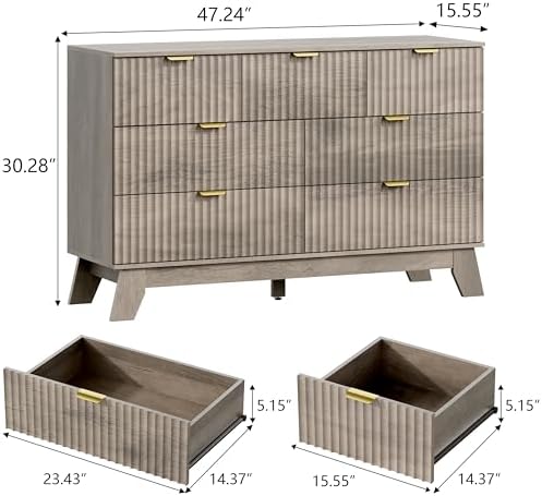 Wodeer 7 Drawer Fluted Dresser for Bedroom, Mid Century Modern Wooden Dresser with 7 Drawers, Dressers & Chests of Drawers with Metal Handle, TV Stand & Storage Organizer for Entryway, Hallway, Grey - Image 2
