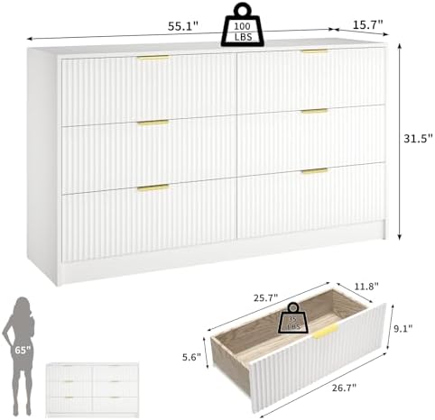 White Dresser with 6 Drawer 55" Wide Fluted Dresser for Bedroom丨Modern Chest of Drawer with Metal Handles, Wood TV Stand for Bedroom, Living Room, Entryway, Hallway, White - Image 2