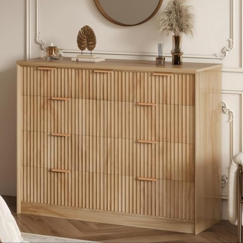 LYNCOHOME Fluted Tall Dresser for Bedroom, 9 Drawer Chest of Drawers, Oak by LYNCOHOME