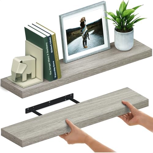 Ballucci Floating Shelves for Wall, 36" Wood Wall Shelf Set of 2, with Invisible Brackets for Bathroom, Living Room, Bedroom, Kitchen, Nursery, 8" Deep, Rustic Gray by Ballucci