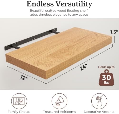 24" Natural Oak Color Floating Shelves 12inch Deep Shelf, Set of 2 - Image 2